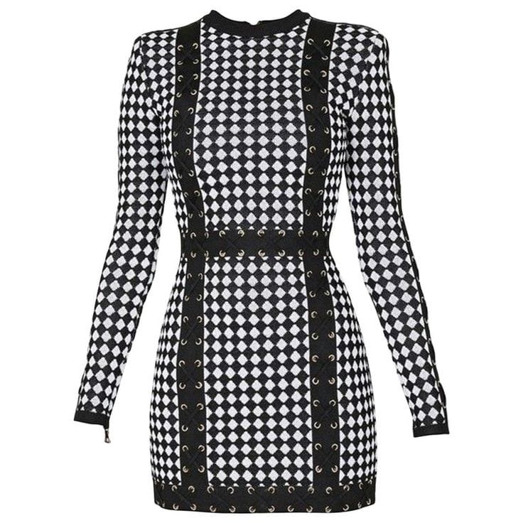 Vestido Balmain Xadrez Branco e Preto Tam 32 Br