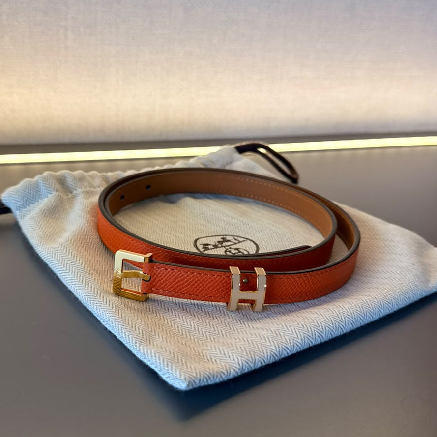 Cinto Hermes Couro Laranja Ferragem Dourada