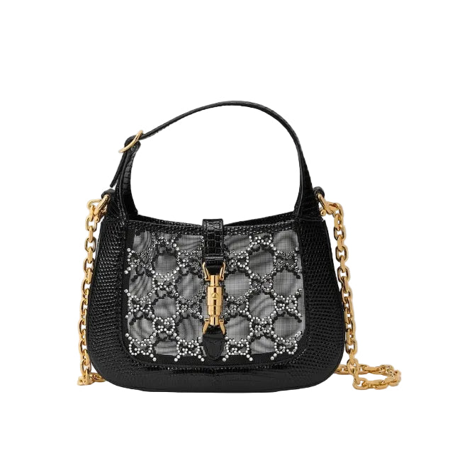 Bolsa Gucci Jackie 1961 Mini Lizard com Cristais Preta