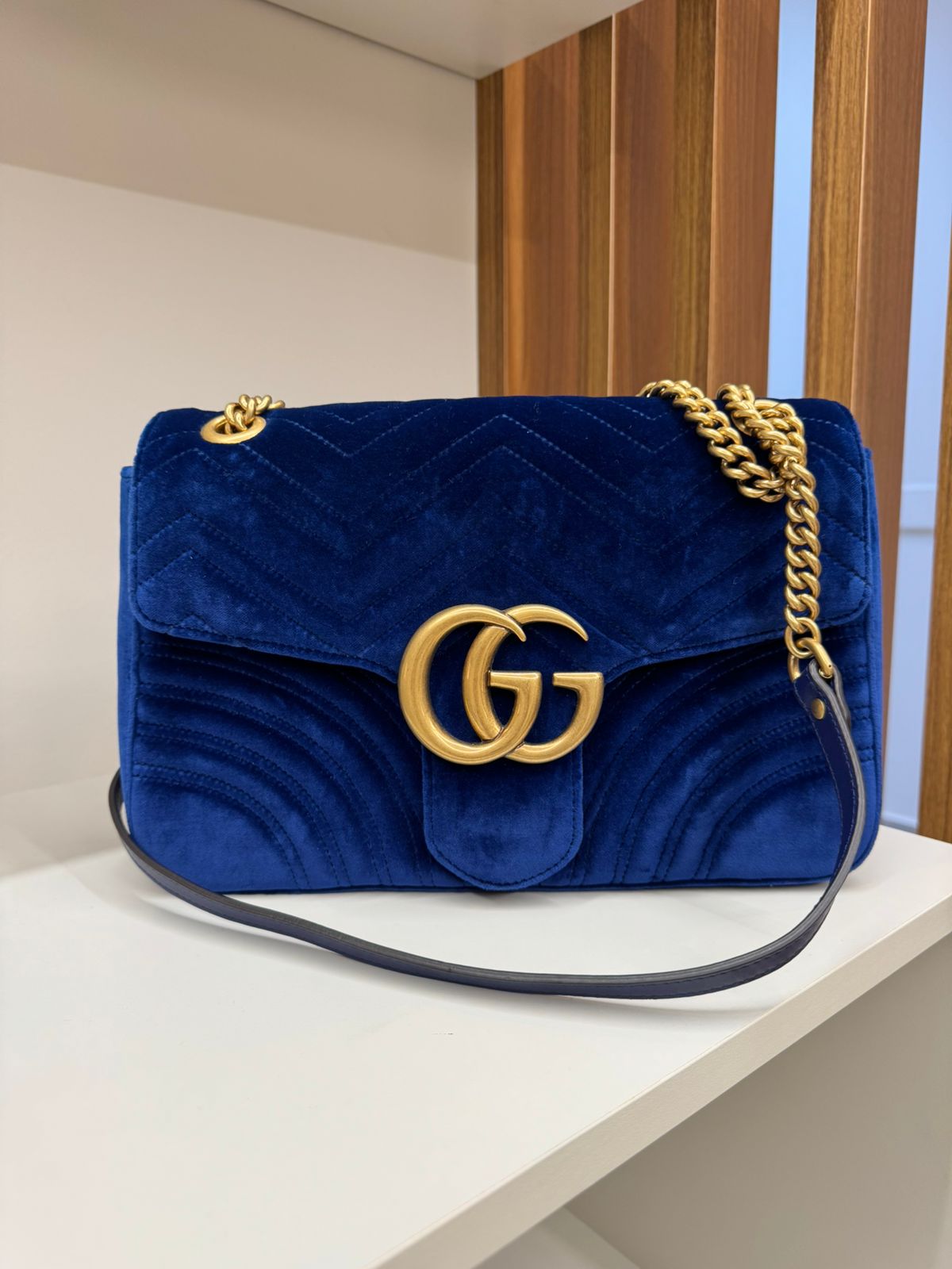 Gucci GG Marmont Matelassê de Veludo Azul – Peguei Bode
