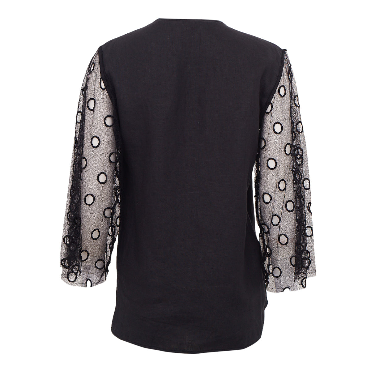 Blusa Paula Raia Preta em Linho c/ Mangas em Renda e Recortes Tam.36