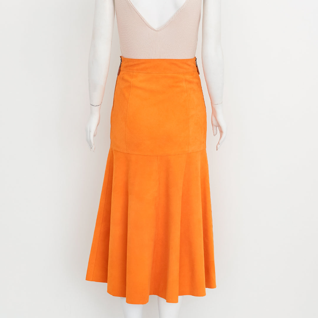 Saia Paula Raia Suede Mostarda c/ bolsos frontais Tam.36