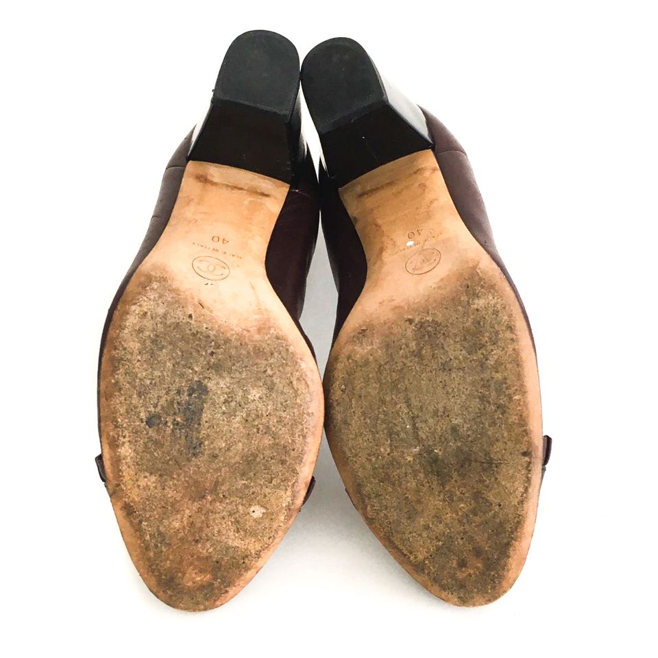 Sapato Chanel Ruffle Cap Toe Elastic Couro Marsala Tam. 40