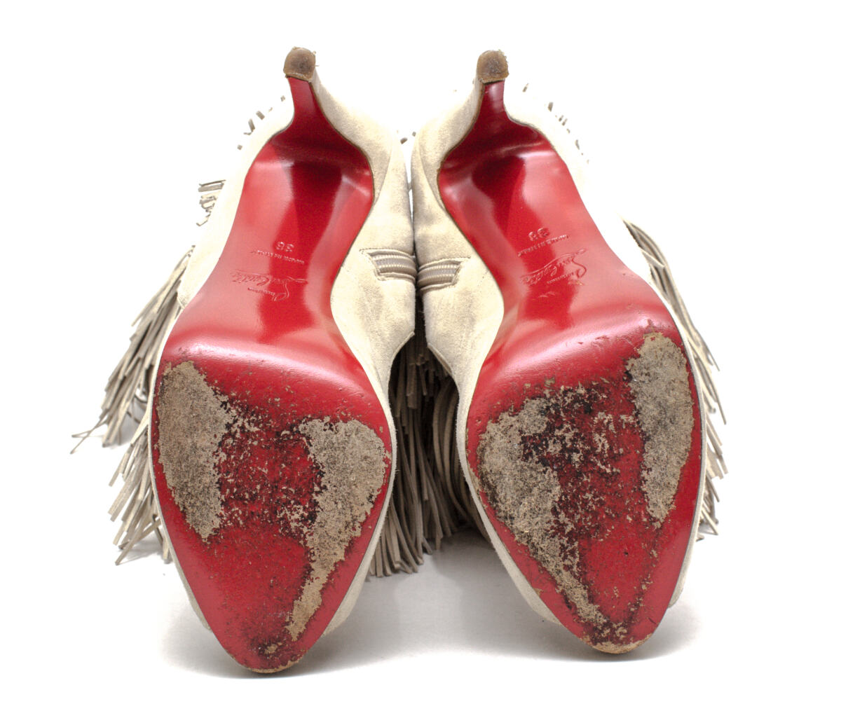 Bota Louboutin Fringe Cutout Boots Off White Tam. 38
