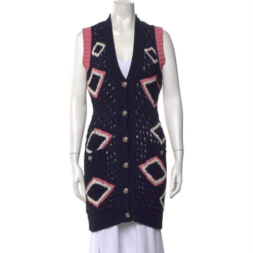 Colete Chanel Tricot Azul e Rosa Tam 34 BR