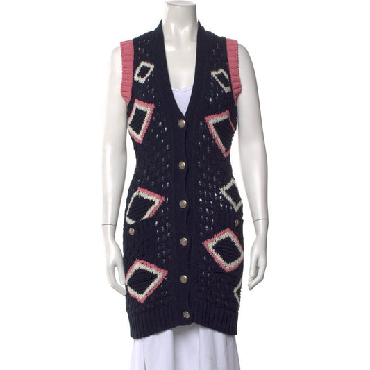 Colete Chanel Tricot Azul e Rosa Tam 34 BR