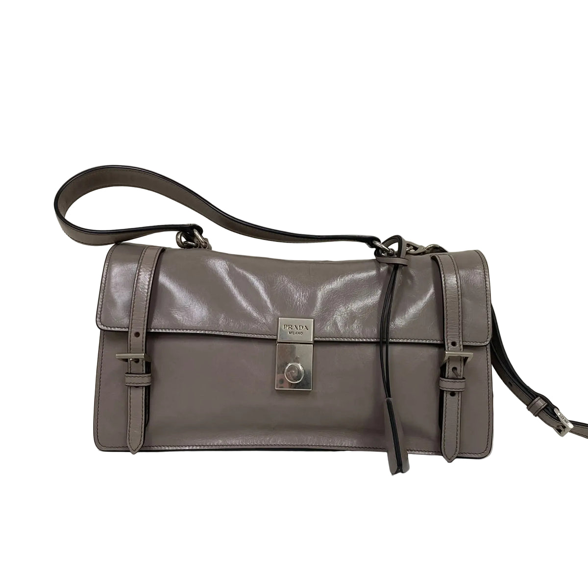 Bolsa Prada Glossy Calfskin Sound Shoulder Bag Cinza