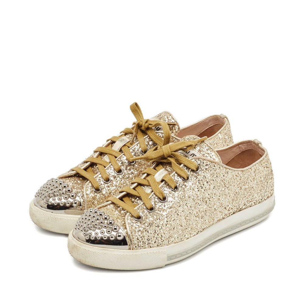 Tenis Miumiu  Gold Gitter Metal Cap Dourado Tam 35,5 Br