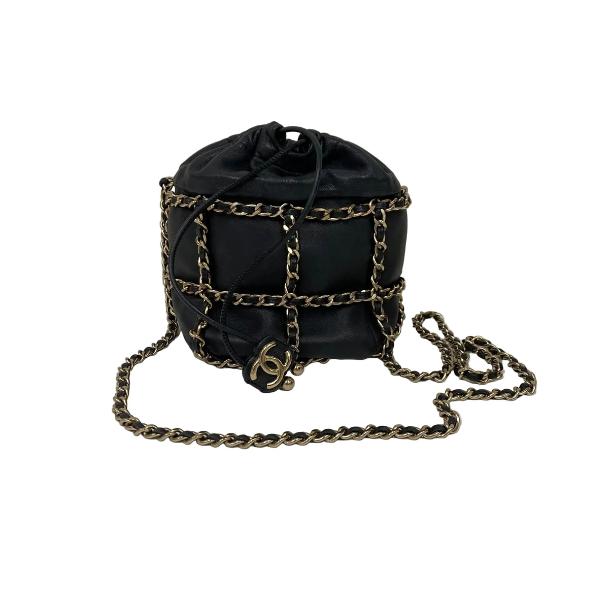 Bolsa Chanel Chain Drawstring Bucket Bag Preta