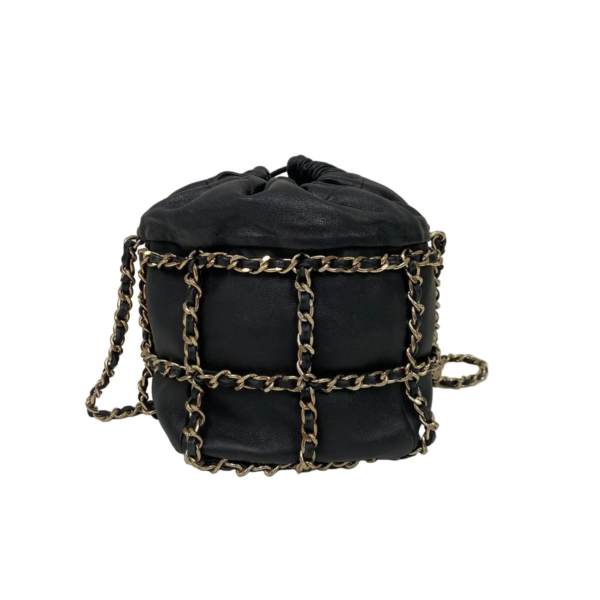 Bolsa Chanel Chain Drawstring Bucket Bag Preta