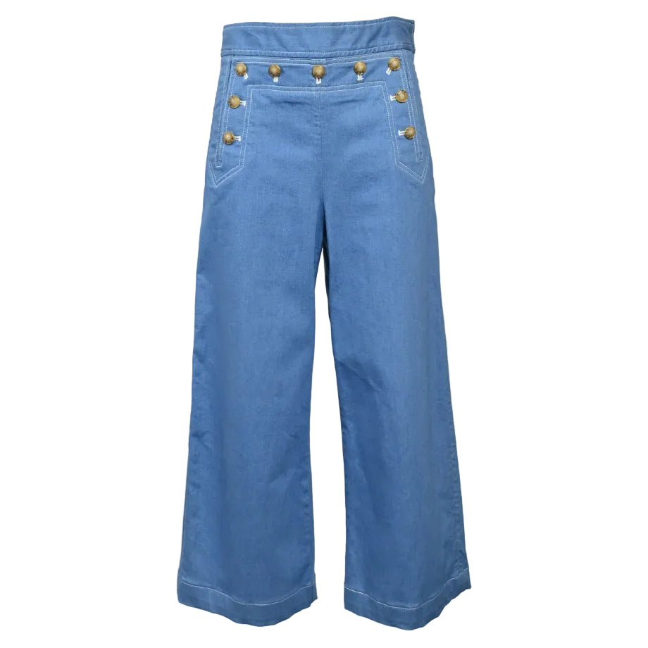 Calça Tory Burch Azul Botões Bege Tam 40 Br