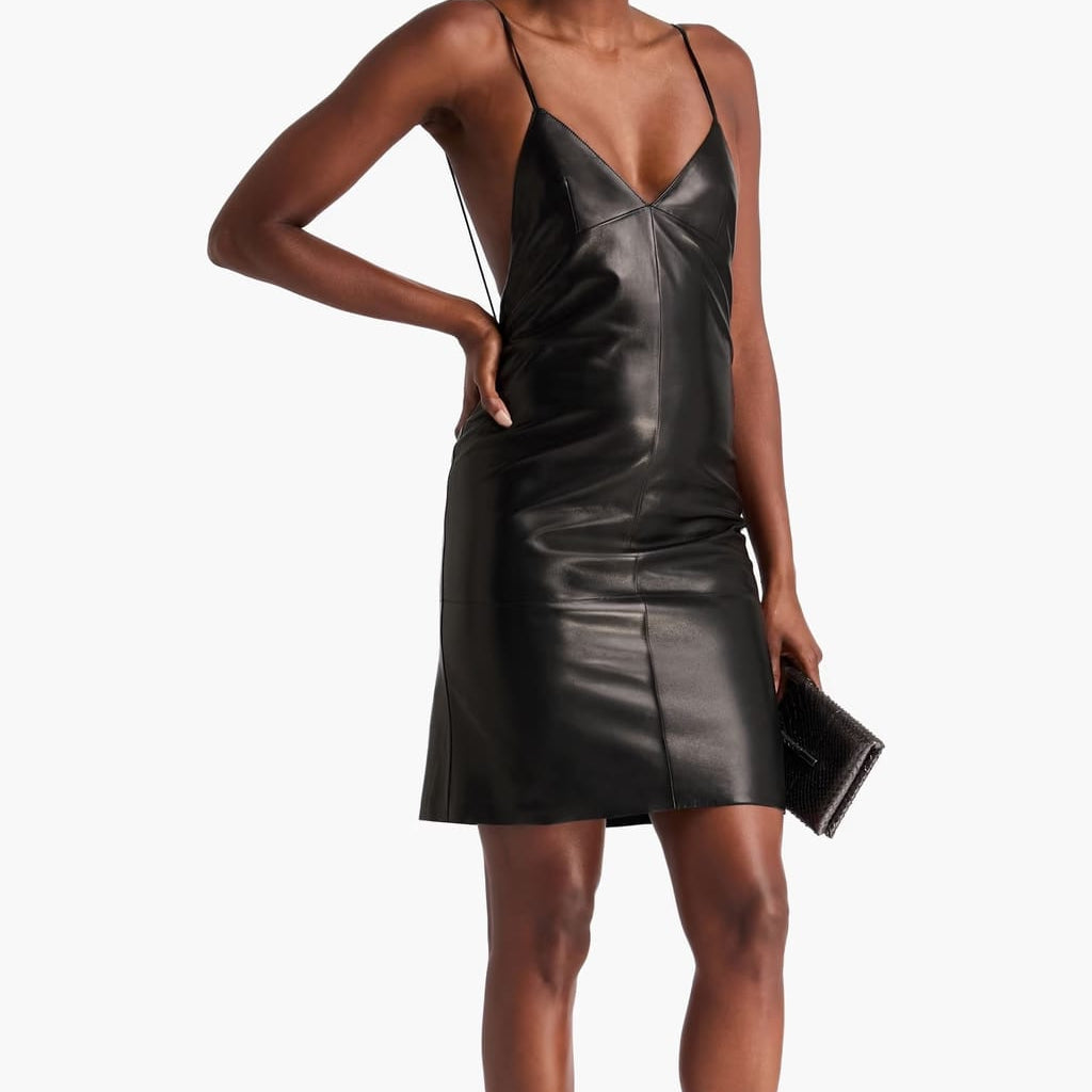 Vestido Saint Laurent Couro de Cordeiro Preto Tam 36 Br