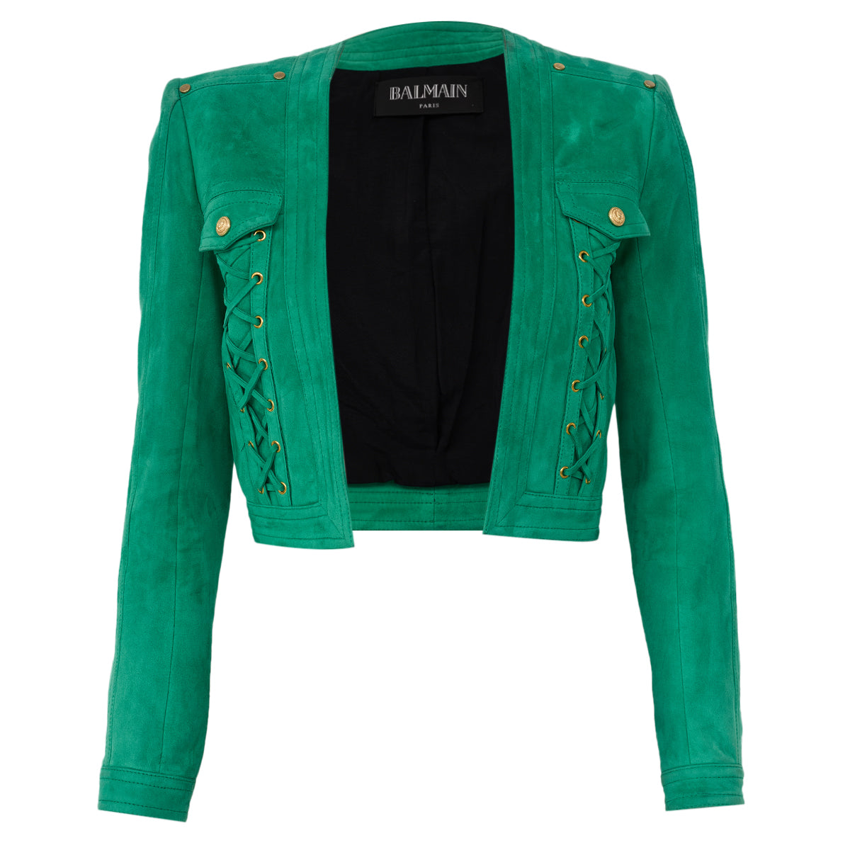 Jaqueta Balmain Couro Veludo Verde Tam 32 Br