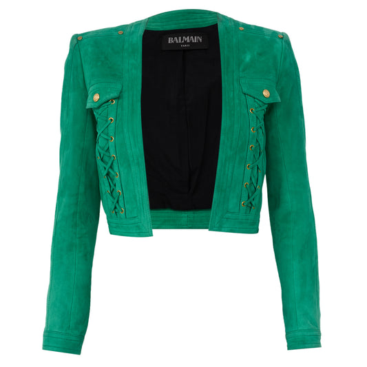 Jaqueta Balmain Couro Veludo Verde Tam 32 Br