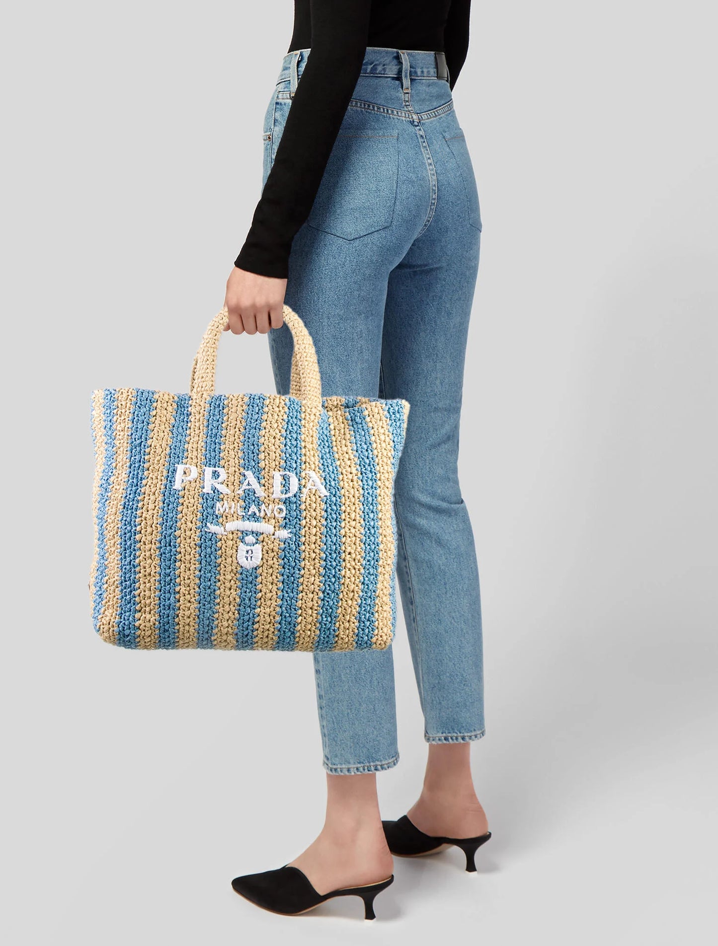 Bolsa Prada Striped Tote Ráfia Azul