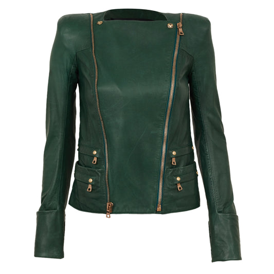 Jaqueta Balmain Couro Verde Tam 34 BR