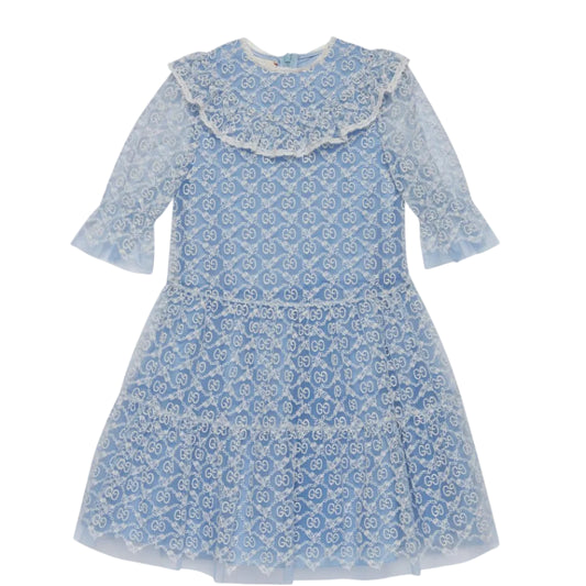 Vestido Tule Bordado GG Gucci Azul Infantil Tam. 4 Anos