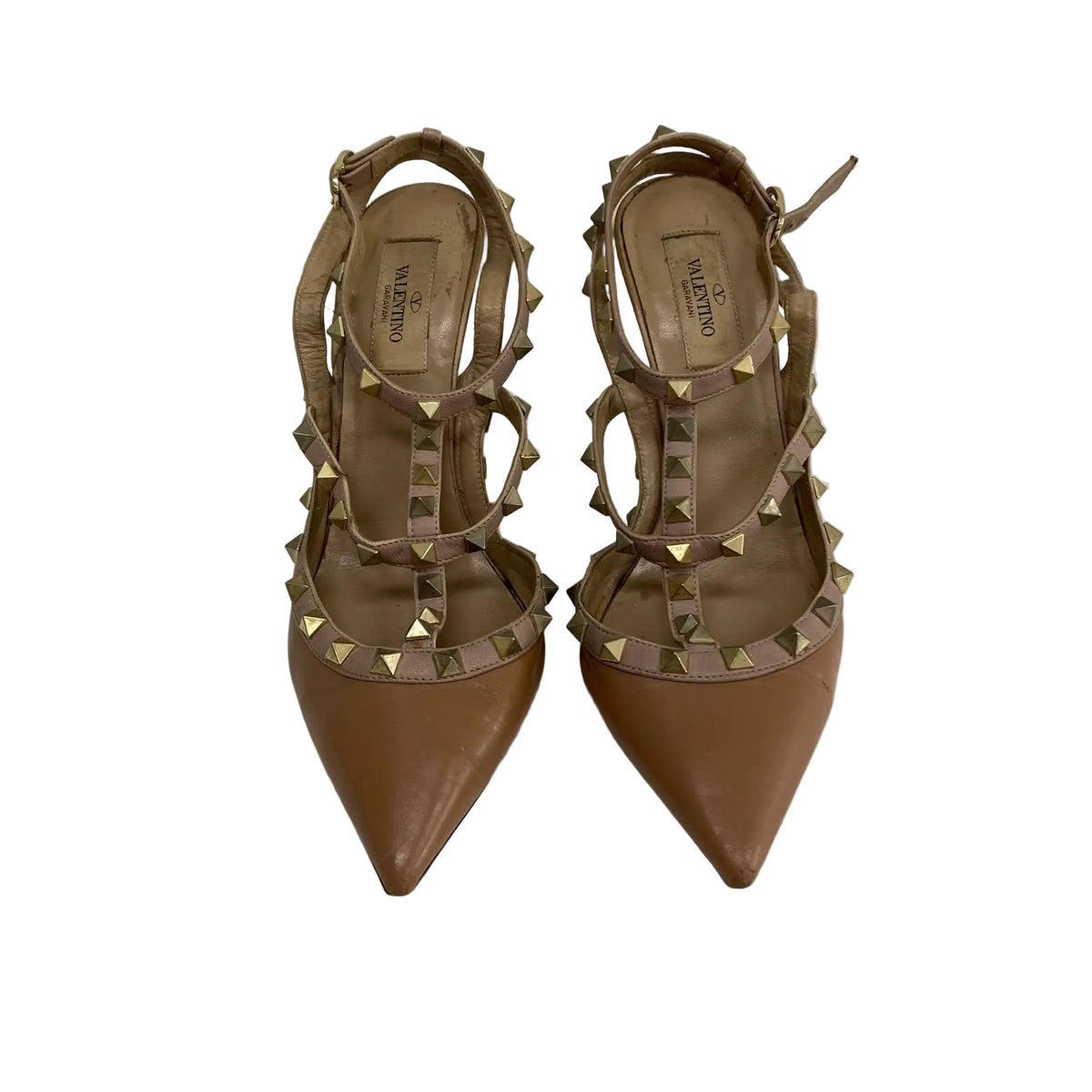 Scarpin Valentino Couro Bege e Studs Dourados Tam 36 BR