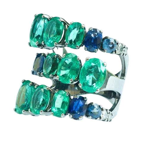 Anel Amsterdam Sauer Com Esmeraldas, Safira e Diamantes