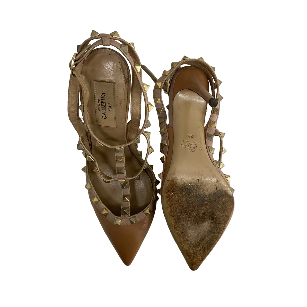 Scarpin Valentino Couro Bege e Studs Dourados Tam 36 BR