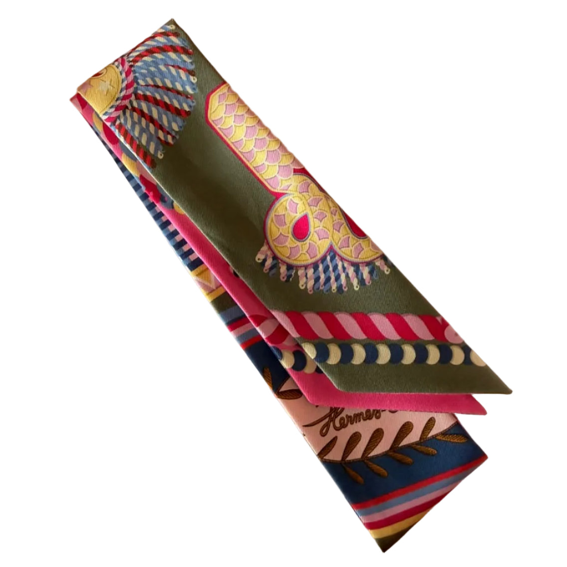 Twilly Hermes Estampa Rosa e Verde