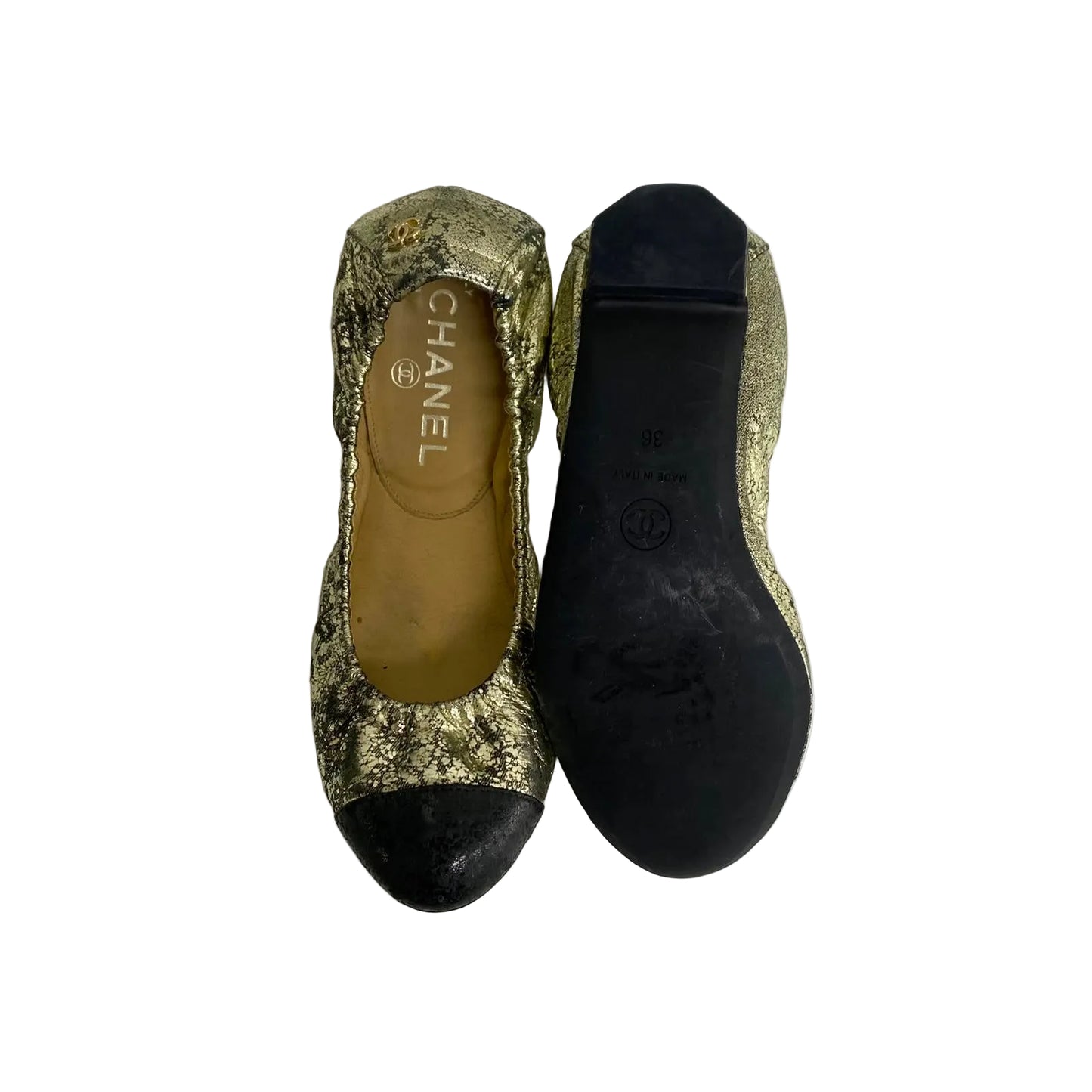 Sapatilha Chanel Com Elastico Dourada Tam 34 Br