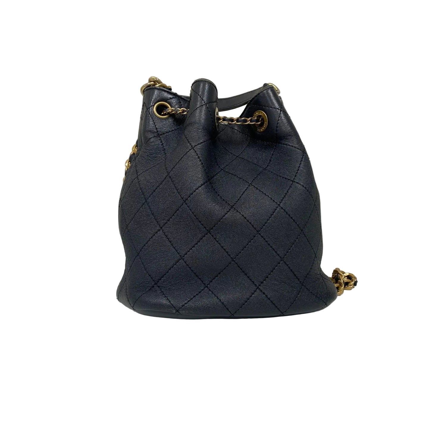 Bolsa Chanel Quilted CC Drawstring Bucket Navy