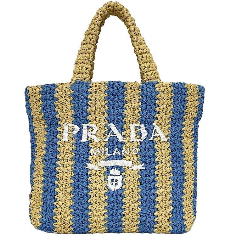 Bolsa Prada Striped Tote Ráfia Azul