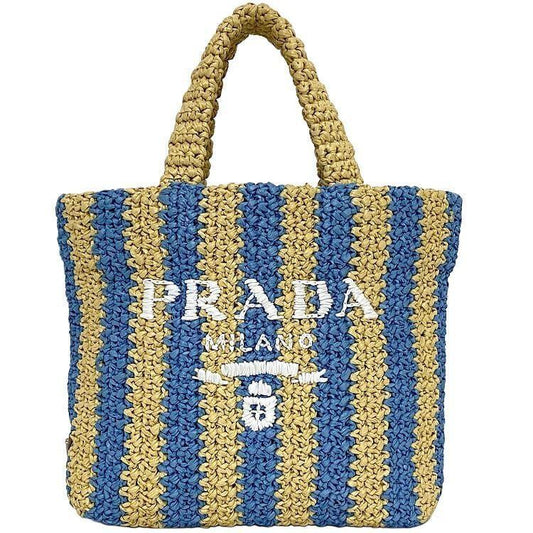 Bolsa Prada Striped Tote Ráfia Azul