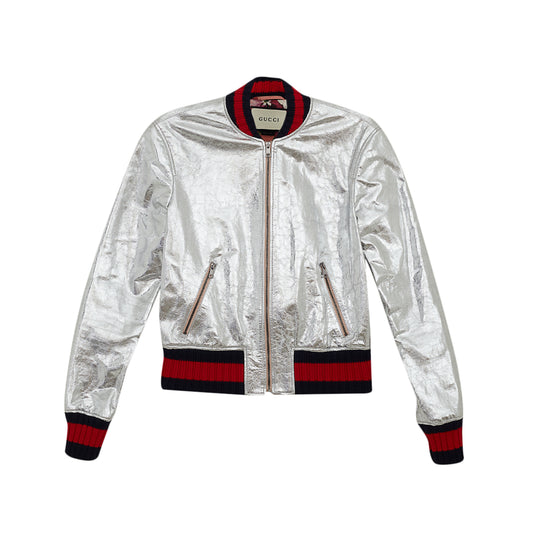 Jaqueta Gucci Couro Prateado Tam. 38