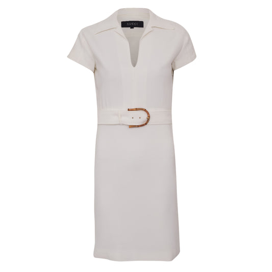 Vestido Gucci Off-White c/ Cinto c/ Fivela em Bamboo