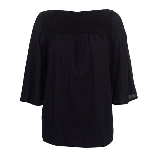 Blusa Paula Raia Preta Mullet c/ Detalhe em Couro Tam.36