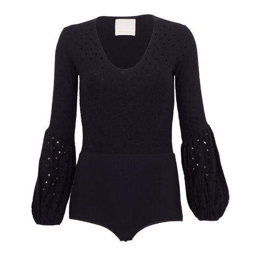 Body Paula Raia Preto Perfurado c/ Mangas Bufantes Tam.P