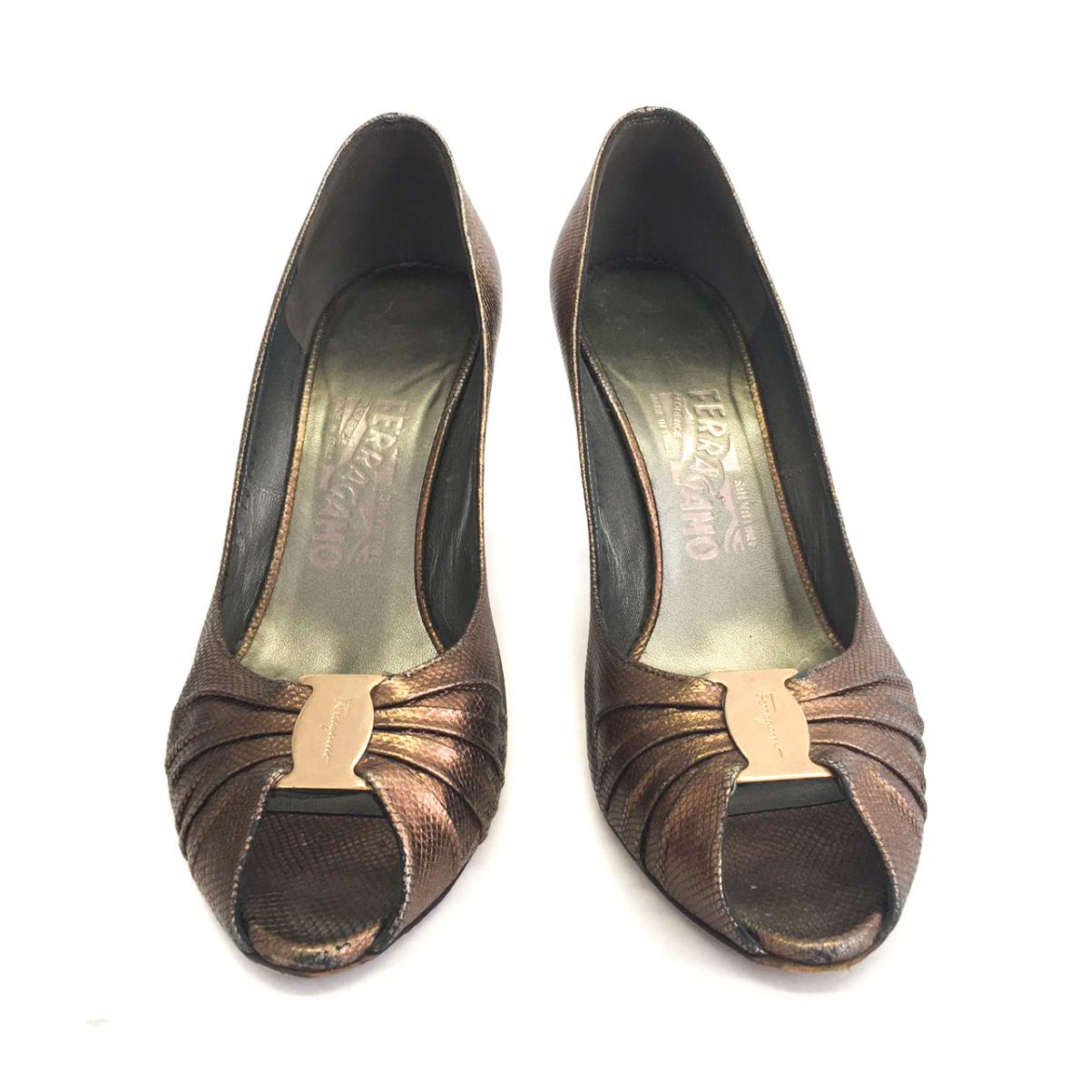 Sapato Salvatore Ferragamo Bronze Peep Toe Tam. 8